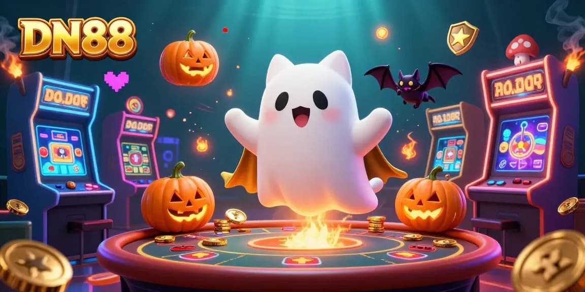 Experience the excitement at DN88 with a ghost cat and casino themed elements sparkling around them.
