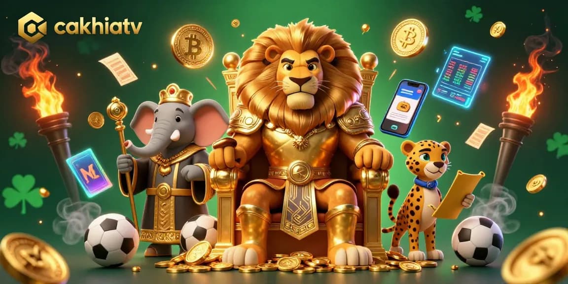 Cakhiatv showcases a vibrant sports betting scene with a lion king, elephant advisor, and cheetah messenger.