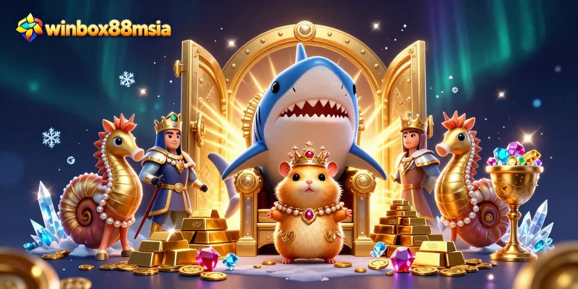 Experience the excitement of winbox88msia with a dynamic 3D illustration of a golden hamster king and casino treasures.