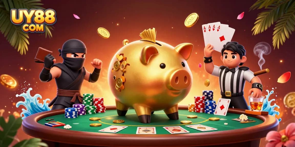 Join the excitement with UY88 COM as the sumo piggy bank wrestler triumphs in a vibrant casino scene.