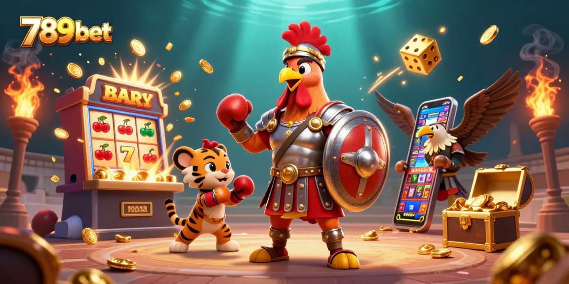 Engage with thrilling 789 bet casino excitement through this vibrant 3D illustration of lucky characters, slot machines, and casino elements.