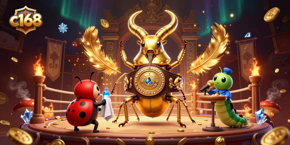 Experience thrilling gaming action with c168 showcasing a giant stag beetle battling in a vibrant casino scene.