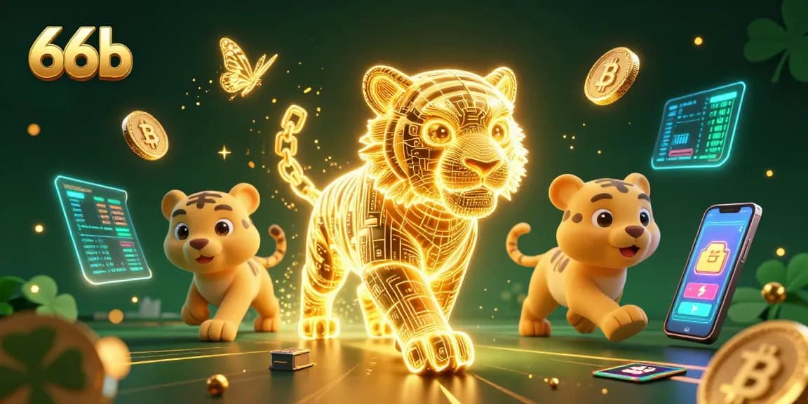 Experience the thrill of winning at 66b with an immersive casino scene featuring a golden tiger and cryptocurrency elements.