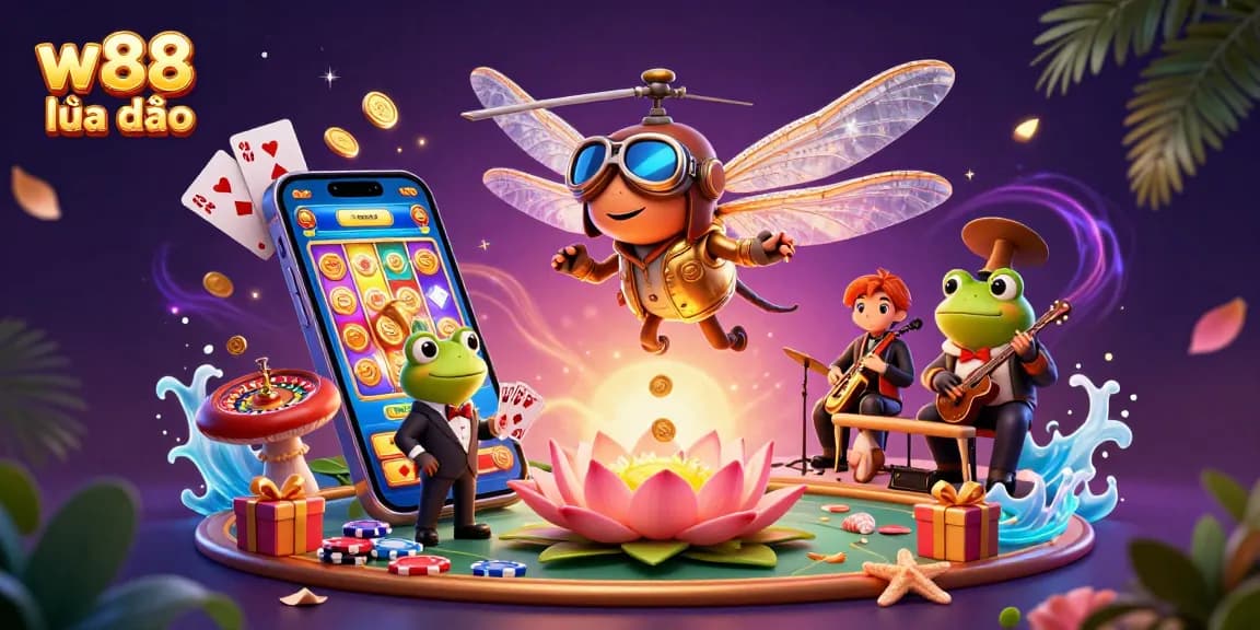 w88 lừa đảo highlights vibrant casino scene with dragonfly pilot, frog dealer, and jazz cricket musicians.
