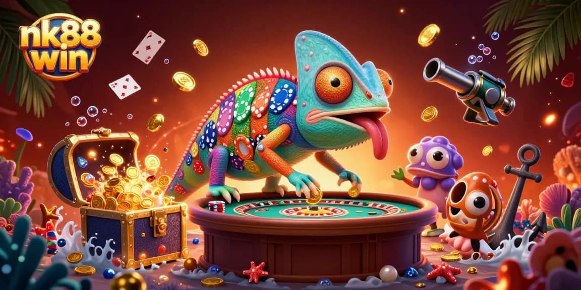 Experience the thrill of nk88 win with the chameleon casino owner surrounded by splendid gambling elements.
