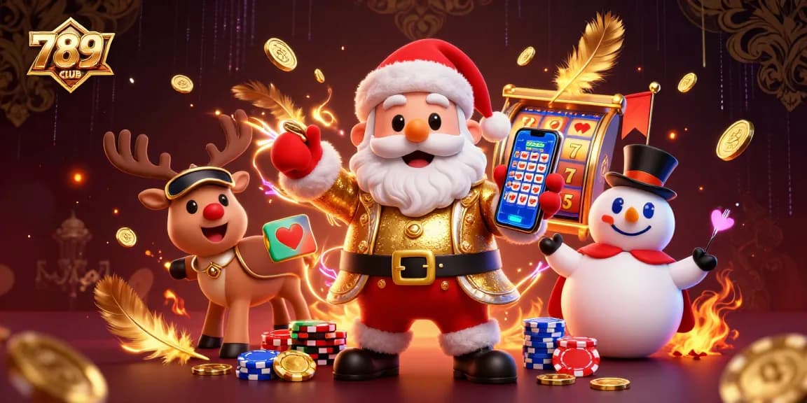 Join the festive fun with 789CLUB as Santa and friends celebrate jackpot wins in this vibrant casino scene.