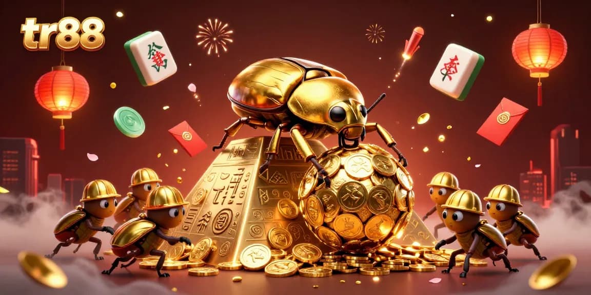 Experience tr88 with a golden beetle rolling coins, celebrating a vibrant casino atmosphere full of lucky symbols.