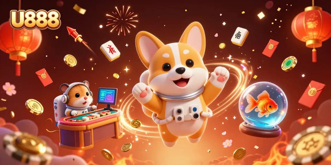 Experience the excitement of U888 casino in a vibrant space scene with floating game elements.