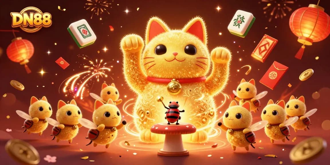 Join DN88 for exciting casino experiences featuring a vibrant lucky cat and festive graphics.