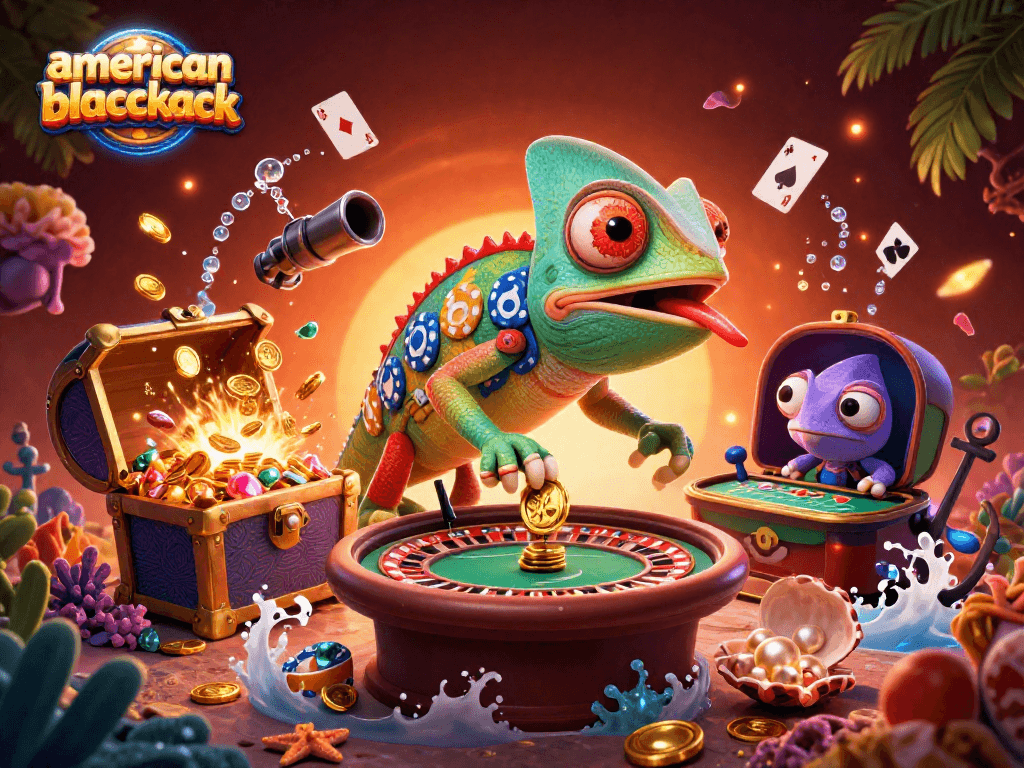 Experience the thrill of american blackjack in a vibrant casino scene with a chameleon owner and lively game elements.
