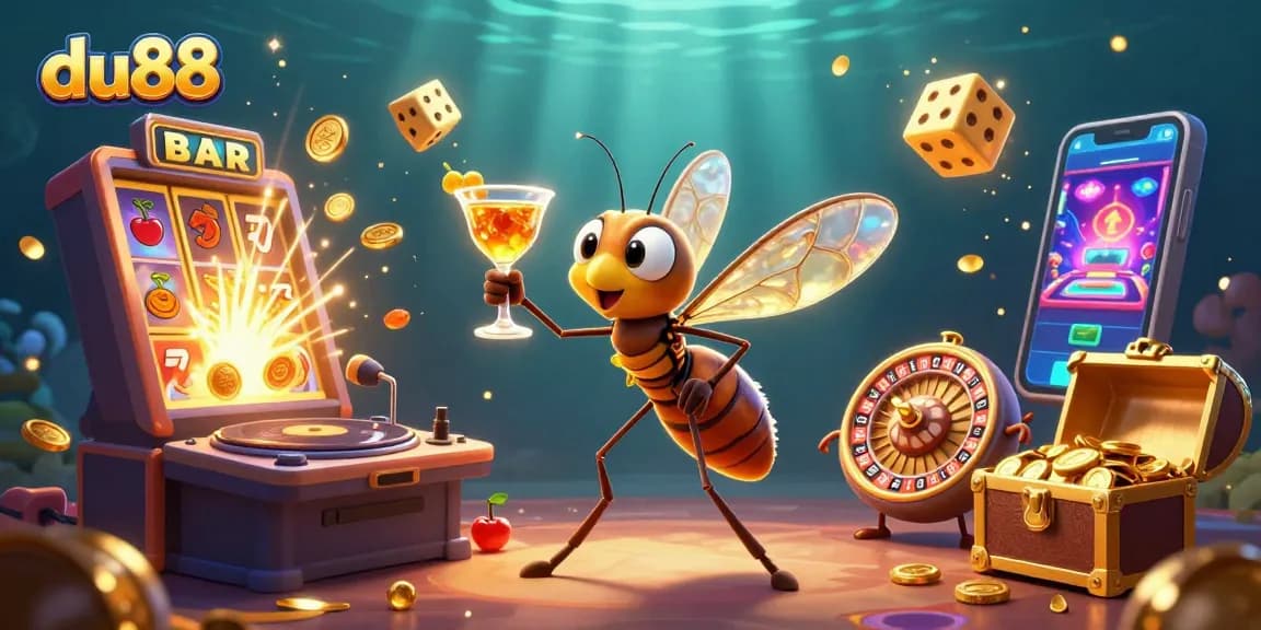 Spin to win with du88 in a vibrant casino scene featuring a unique frozen-in-amber mascot!