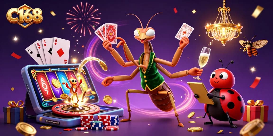 Experience thrilling wins at C168 with a giant praying mantis card sharp in a vibrant casino scene.