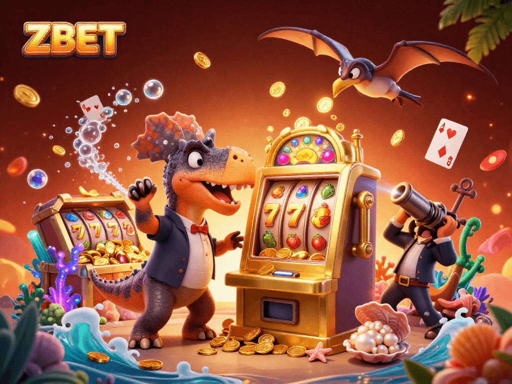 ZBET showcases a dynamic casino scene with dinosaurs celebrating a jackpot win amidst flying coins and vibrant gaming elements.