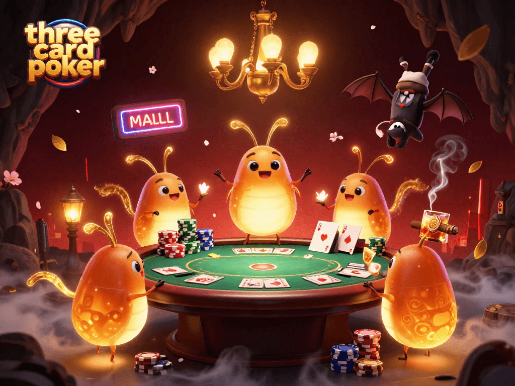 Engage in three card poker excitement with glowing characters lighting up the action in a vibrant casino scene.