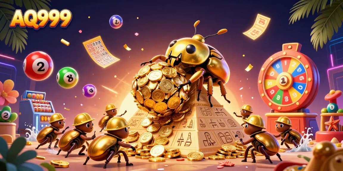 Experience thrilling wins with AQ999's immersive gaming environment featuring golden coins and vibrant lottery elements.