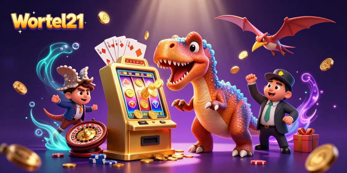 Wortel21 features a fun scene with dinosaurs winning jackpots at a casino.