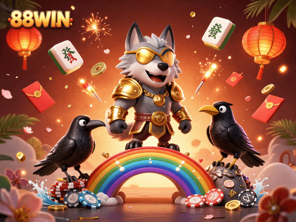 Experience the thrilling gaming world of 88WIN with Odin and his companions, bridging myth and luck in a vibrant casino scene.