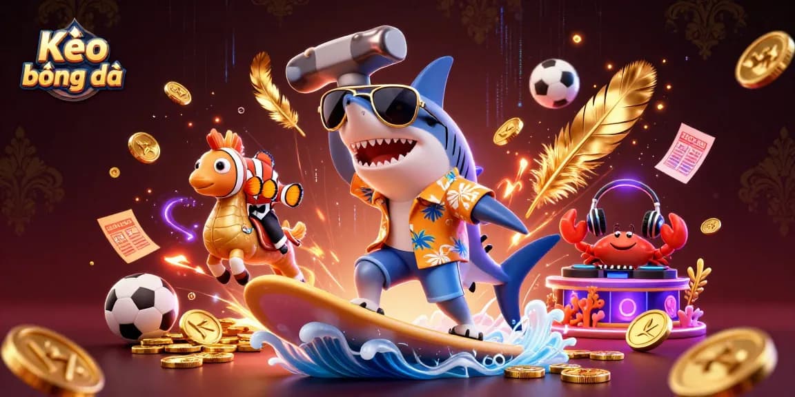 Kèo bóng đá scene featuring a shark surfing on gold coins among sports betting elements, vibrant and dynamic.