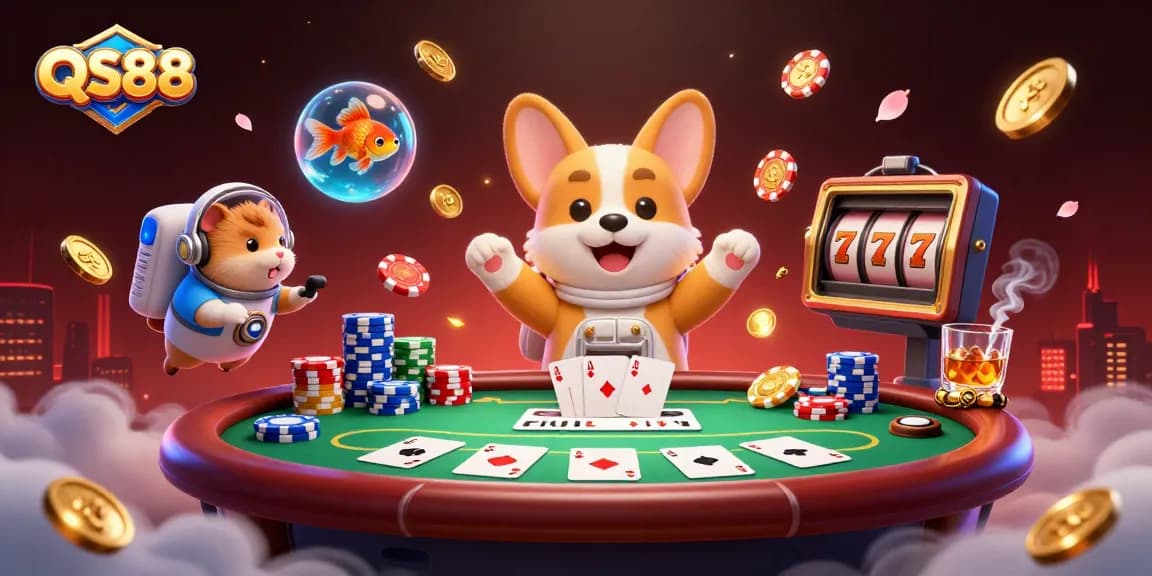 QS88 casino theme with a 3D corgi astronaut exploring a space station filled with vibrant poker and slot elements.