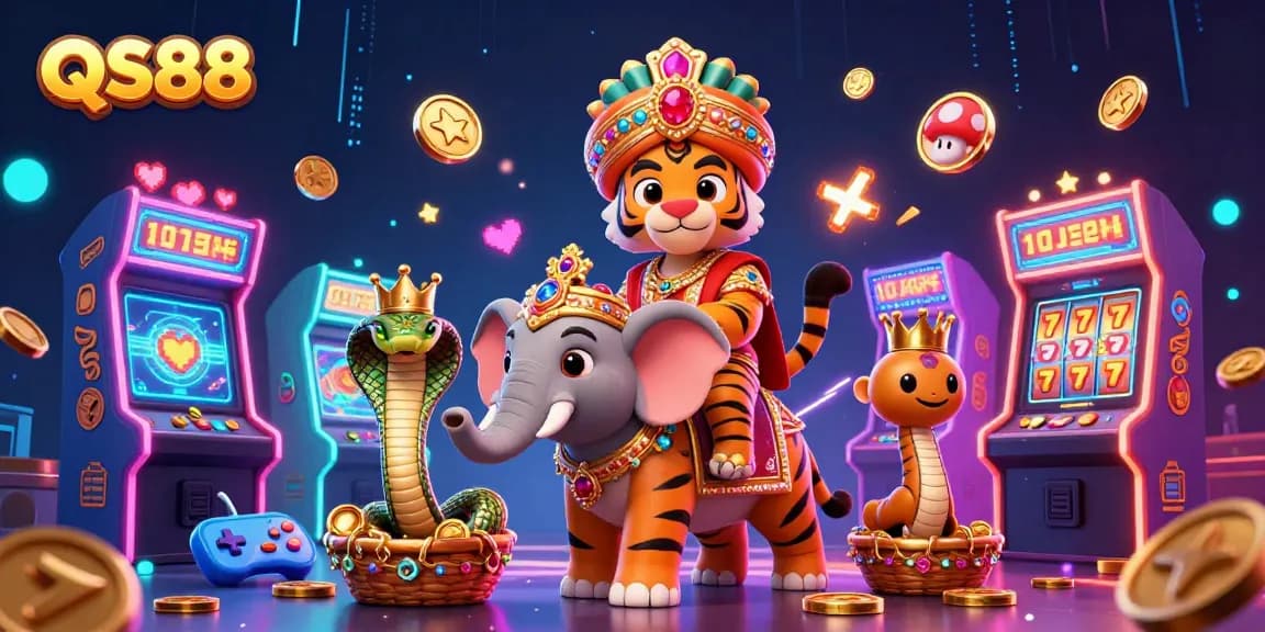 Engage with QS88's vibrant casino gaming experience featuring a maharaja tiger and slot elements.