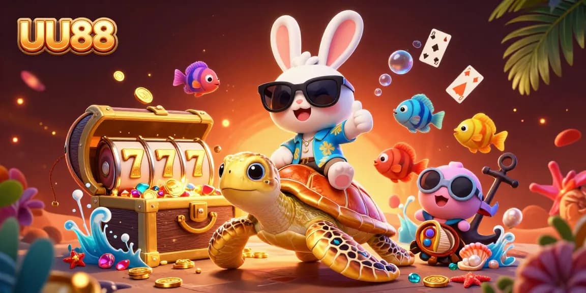 Experience thrilling gaming with UU88 in this vibrant underwater casino scene featuring rich treasures and fun characters.