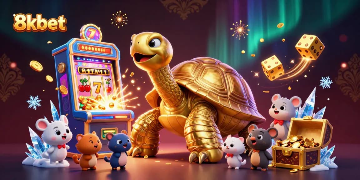 Experience the excitement of 8xbet online casino with a vivid scene of a whimsical golden tortoise enjoying games and jackpots.