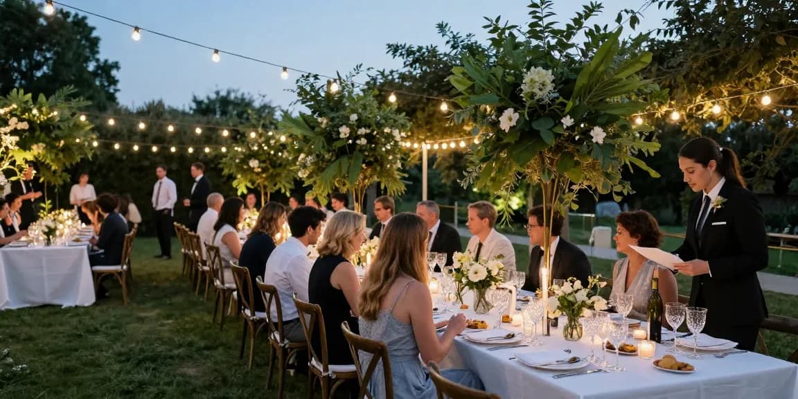 Outdoor wedding setup showcasing Casablanca Hire's elegant marquee, complete with decorated tables and joyful guests.