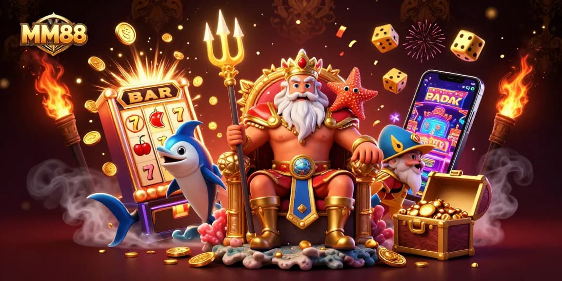 Experience thrilling jackpots with MM88’s vibrant casino atmosphere featuring Neptune and lucky symbols.