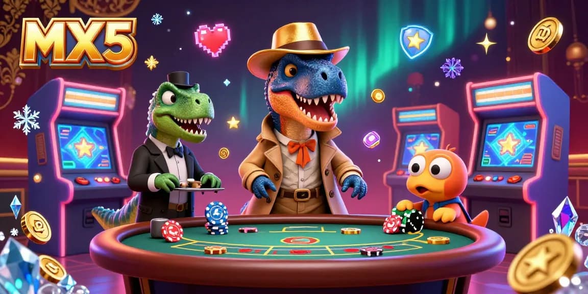 Experience thrilling gameplay with MX5 as the velociraptor bets at the blackjack table amid vibrant casino elements.
