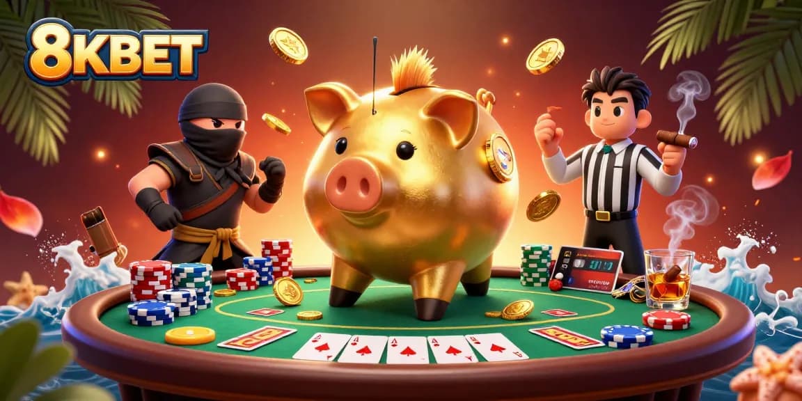 Experience thrilling games at 8KBET with a lively scene of characters and casino action.