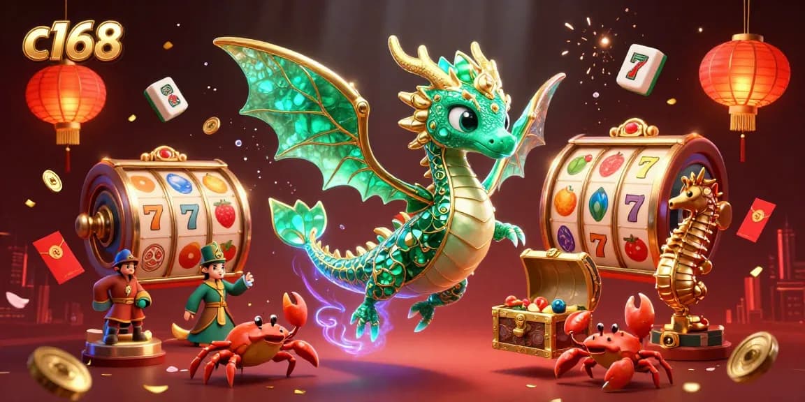 Engage in thrilling games at c168, where a cartoon sea dragon guards treasures amongst vibrant slot machines.