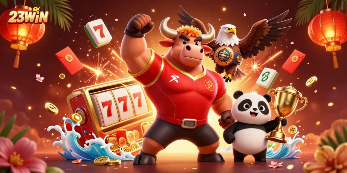 Experience thrilling wins at 23WIN with a dazzling illustration of casino action and festive celebrations.