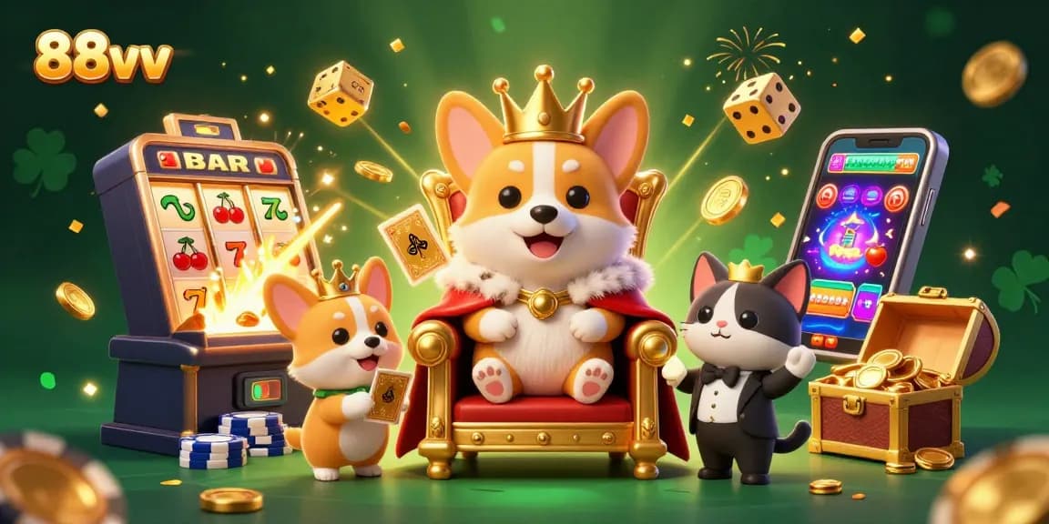 Celebrate wins with 88vv at a vibrant casino scene featuring a royal corgi and golden jackpots.