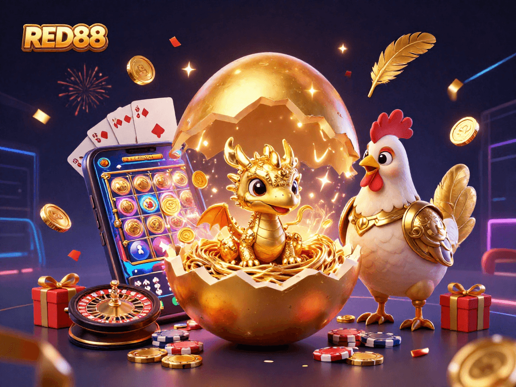 Engage in thrilling gameplay with RED88, featuring a golden dragon and poker chips.