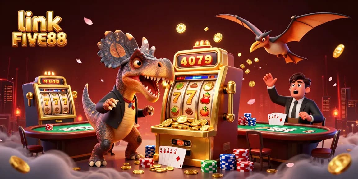 Link FIVE88 showcases a pachycephalosaurus winning jackpots, energizing a vibrant casino scene.
