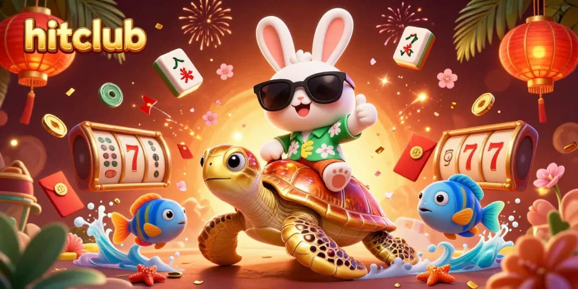 Experience hits at hitclub with luck on a golden sea turtle among vibrant casino elements.