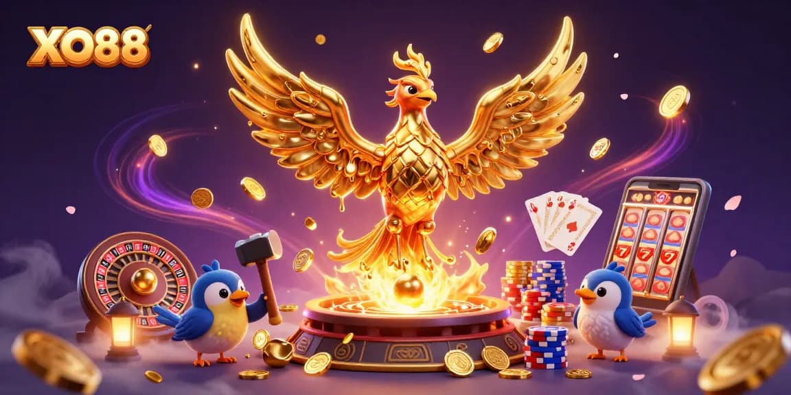 Experience the magic of XO88 with a phoenix revealing golden treasures in an exciting online gambling scene.
