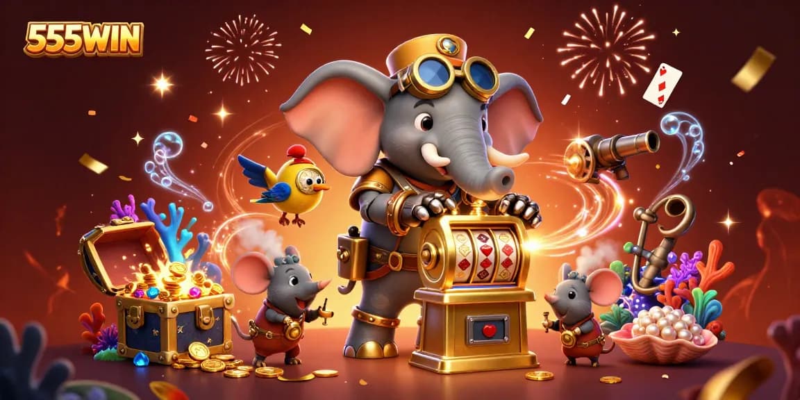 Experience the excitement of 555WIN with a whimsical steampunk scene filled with vibrant casino elements.