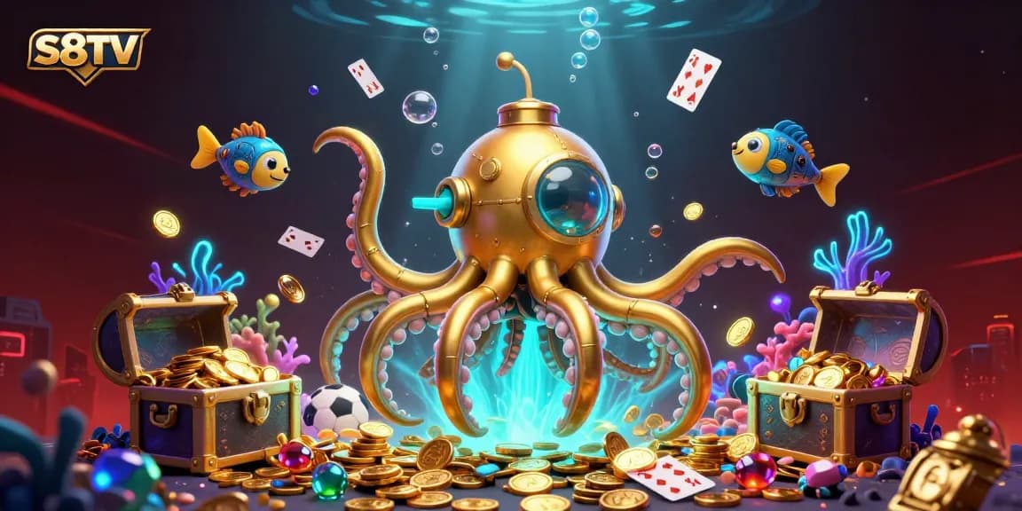 S8TV showcases exciting sports betting with a vibrant kraken submarine in a wealth of golden coins.