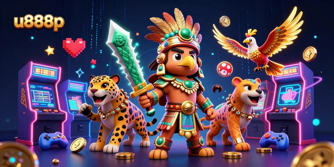 Experience the thrill of u888p's vibrant 3D casino adventure with Aztec warriors and arcade games.
