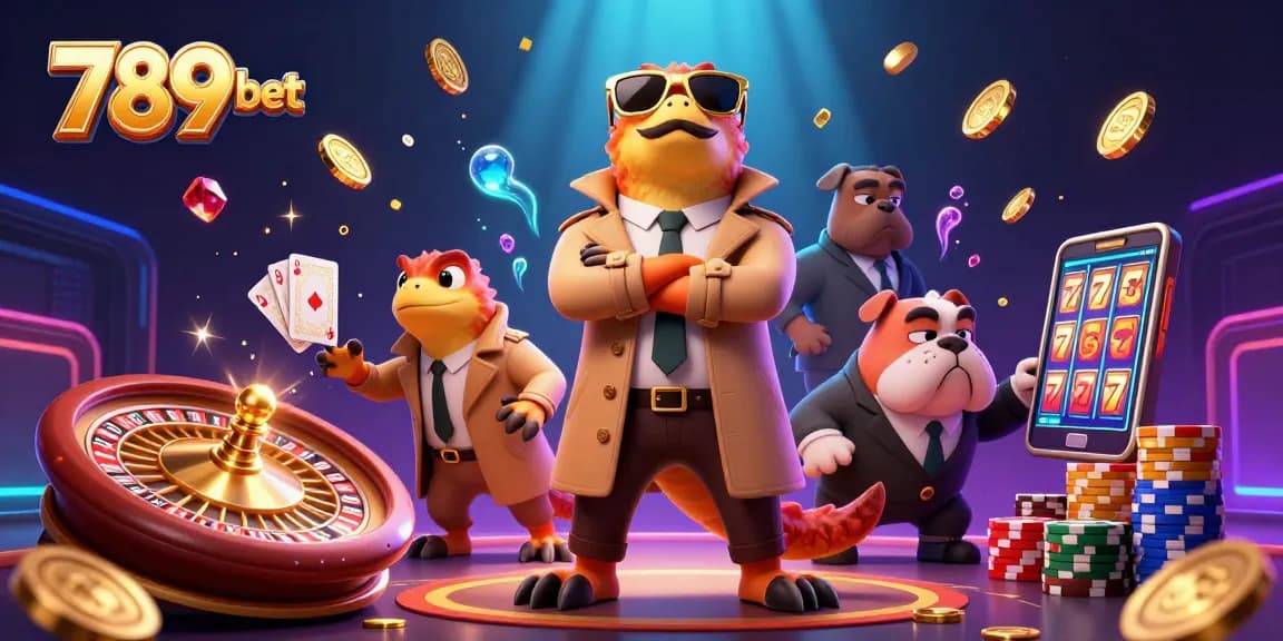 Experience thrilling games at 789 bet with three cartoon raptors sneaking into a VIP lounge, surrounded by shining casino elements.