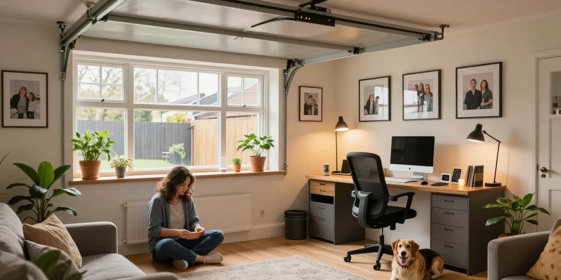 Garage conversions transforming a space into a cozy home office with natural light.