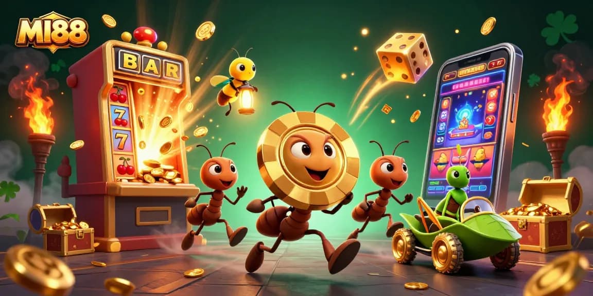 MI88 showcases a vibrant 3D illustration of ants in a heist, symbolizing online casino gaming excitement.