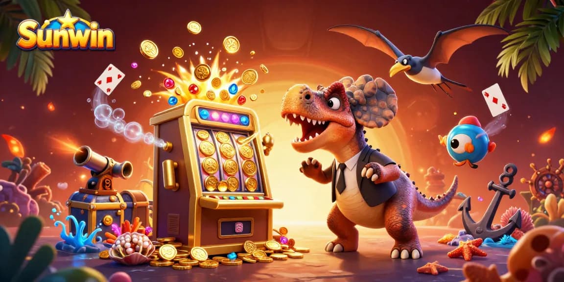 Experience thrilling wins at Sunwin with a cartoon pachycephalosaurus playing a jackpot slot machine!