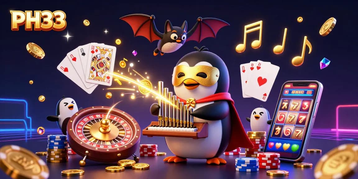 Experience the thrill of PH33 as a phantom penguin creates wealth with golden coins in a vibrant casino scene.