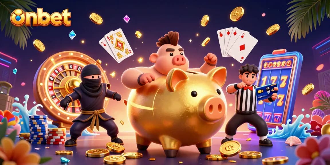 Experience thrilling gaming action with onbet's golden piggy bank sumo wrestler in a vibrant casino scene.
