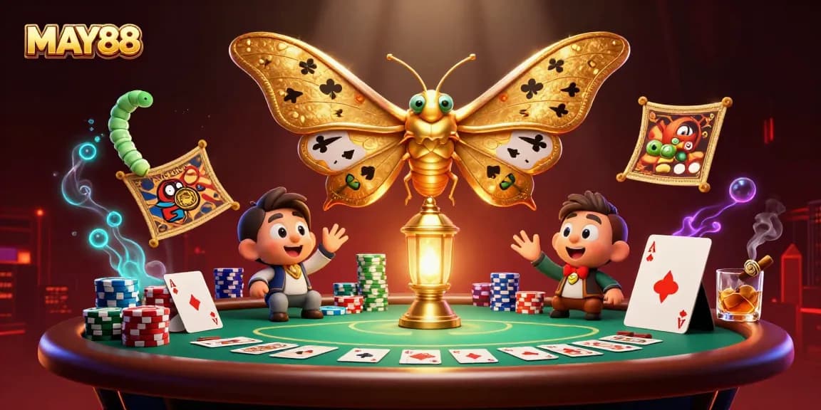 MAY88 showcases an epic casino scene with vibrant card suits and poker elements, emphasizing thrilling gameplay.