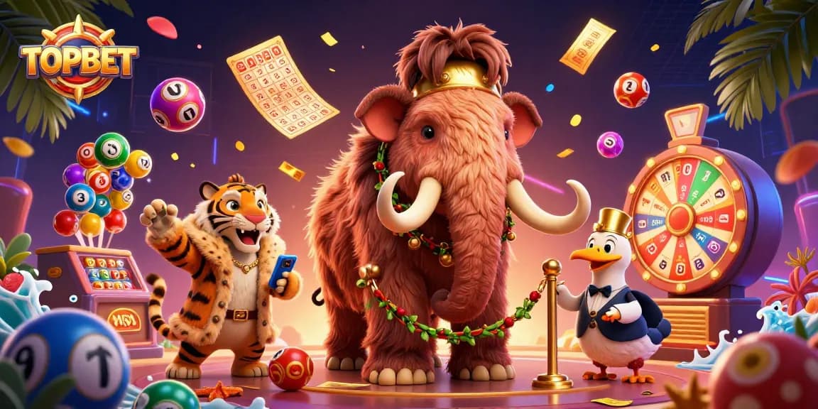 Experience TOPBET with vibrant lottery elements and unique casino characters in a dynamic atmosphere.