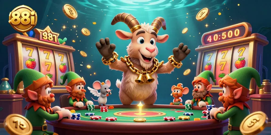 Engage with 88i in a vibrant casino scene featuring 3D cartoon Krampus goat and playful gremlins amidst spinning slot reels and golden coins.