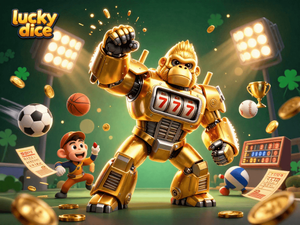 Engage with lucky dice gameplay featuring a vibrant 3D gorilla mech and dynamic sports elements.